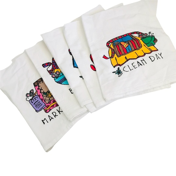 Vintage Set of Dishtowels Whimsical Handpainted Daily Duties - Picture 1 of 6